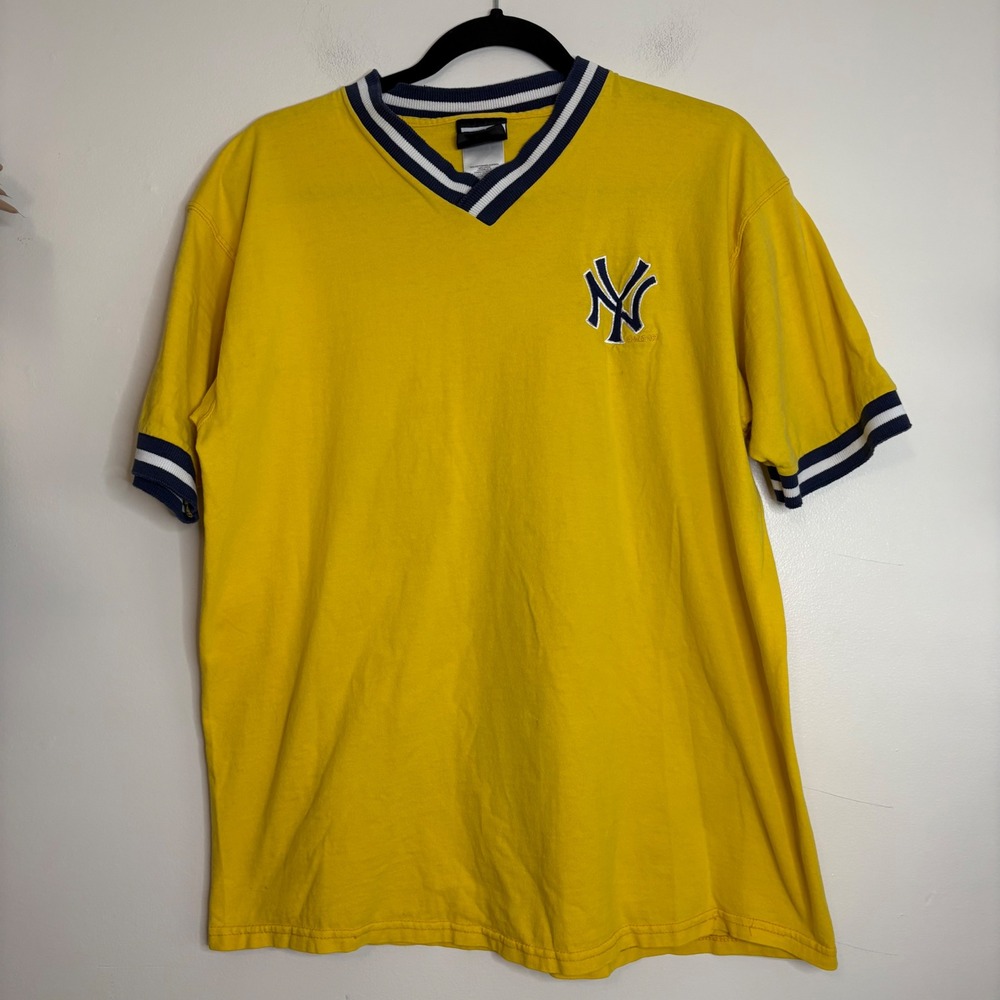 VTG Pro‎ Player New York Yankees NY MLB Embroidered Yellow V Neck T Shirt Mens L